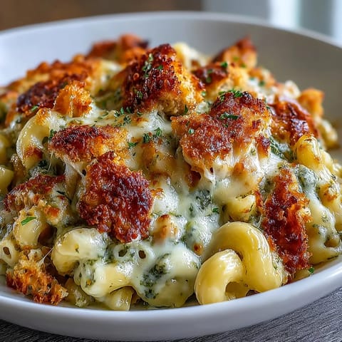 Golden-brown Baked Pesto Chicken Mac & Cheese bubbling in a dish, topped with crispy pesto-parmesan breadcrumbs.