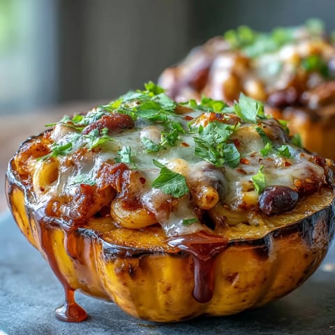 Savory chili mac stuffed into golden baked squash topped with melted cheddar and fresh cilantro.