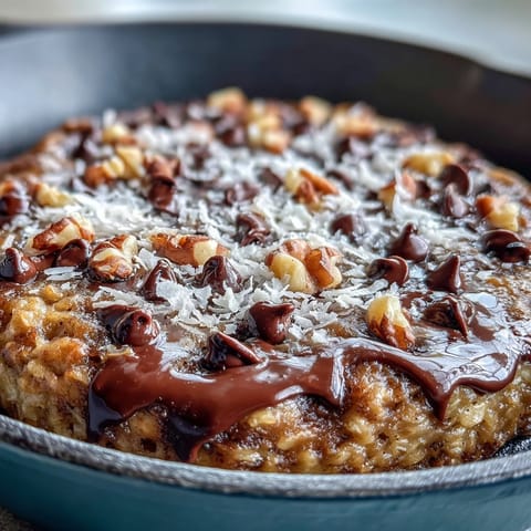 Fudgy chocolate chips and ripe banana chunks peek from a golden baked Chunky Monkey Oatmeal Cookie Skillet served directly from pan.