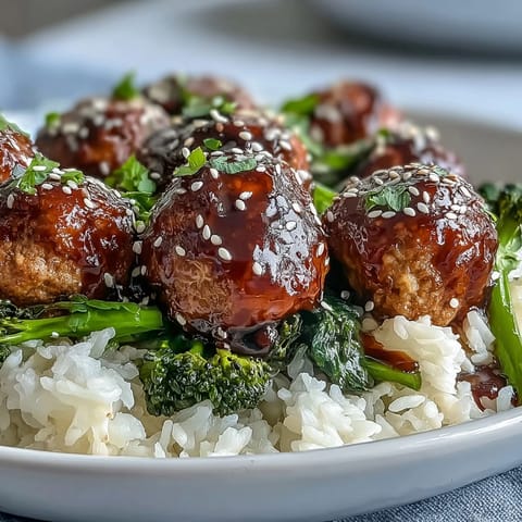 Glazed Honey Garlic Turkey Meatballs sit atop fluffy white rice with bright green broccoli florets in a white bowl.