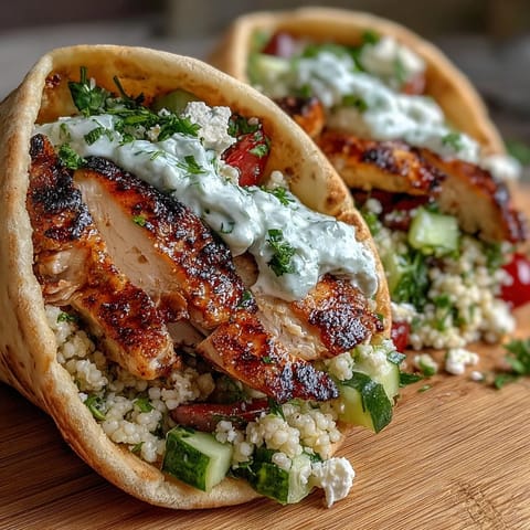 Juicy Greek Chicken Feta Stuffed Pitas filled with lemon-grilled chicken, crisp vegetables, and creamy tzatziki sauce.