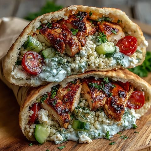 Served warm, Greek Chicken Feta Stuffed Pitas overflowing with pearl couscous salad, tangy feta, and fresh herbs.