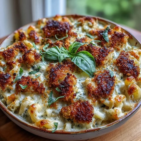 Golden-crusted Baked Pesto Chicken Mac & Cheese bubbling from the oven in a white dish.