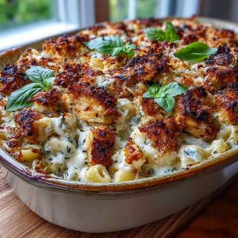 Creamy Baked Pesto Chicken Mac & Cheese served on a plate with a fresh garden salad.
