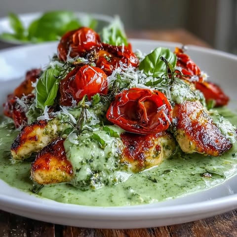 Bright, appetizing photo showing Keto Creamy Pesto Chicken with Roasted Tomatoes served on a plate, garnished with fresh basil and ready to enjoy as a low-carb dinner.