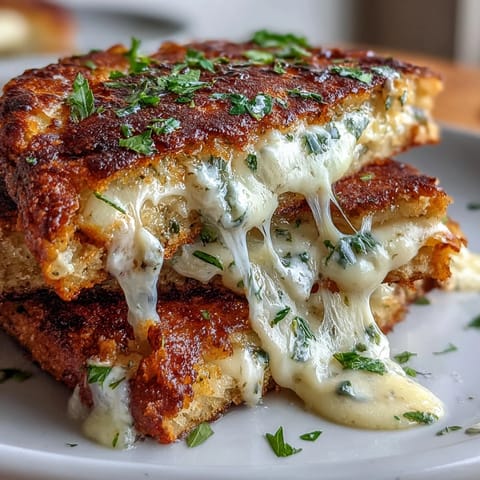 Golden, buttery Brown Butter Garlic Naan Grilled Cheese slices ooze melted mozzarella on a rustic cutting board.