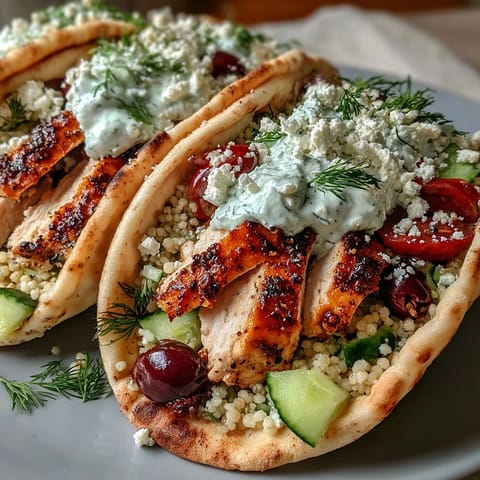 Golden-brown grilled chicken slices, vibrant couscous salad with cherry tomatoes, and creamy tzatziki stuffed inside warm pita pockets.