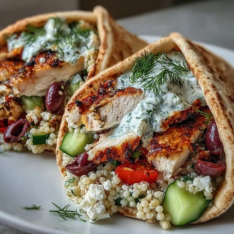 Freshly prepared Greek Chicken Feta Stuffed Pitas showcasing juicy lemon-marinated chicken, Kalamata olives, and crumbled feta cheese.