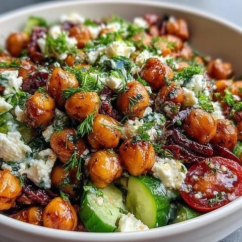 A colorful Mediterranean chickpea salad with cucumber, cherry tomatoes, and feta, drizzled with a zesty lemon-oregano dressing.