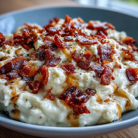 Golden roasted cauliflower blended with sharp cheddar and cream cheese, topped with smoky bacon crumbles.  