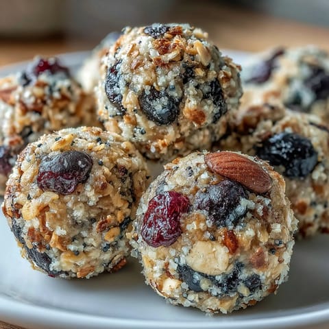 Hand-rolled energy bites bursting with lemon zest and juicy blueberries, perfect for quick vegan snacking.  