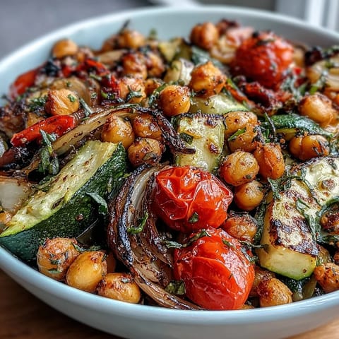 Vibrant lemon garlic roasted vegetable medley with chickpeas, showcasing colorful seasonal veggies and aromatic herbs in a golden oven-baked dish.