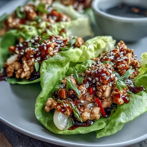 Savory hoisin-glazed chicken lettuce wraps packed with crunchy water chestnuts, carrots, and bell peppers for a light meal.  