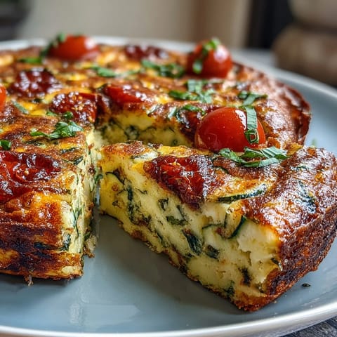 A light and fluffy zucchini and tomato frittata baked with fresh herbs, perfect for a healthy breakfast or brunch.
