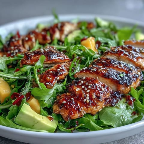 Mango Green Tea Grilled Chicken Salad with Sesame Seeds - a colorful, fresh salad topped with tender, juicy chicken marinated in green tea and mango, garnished with toasted sesame seeds.