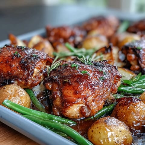 Honey Garlic Sheet Pan Chicken with Green Beans and Baby Potatoes roasted to perfection with a sweet and savory glaze.