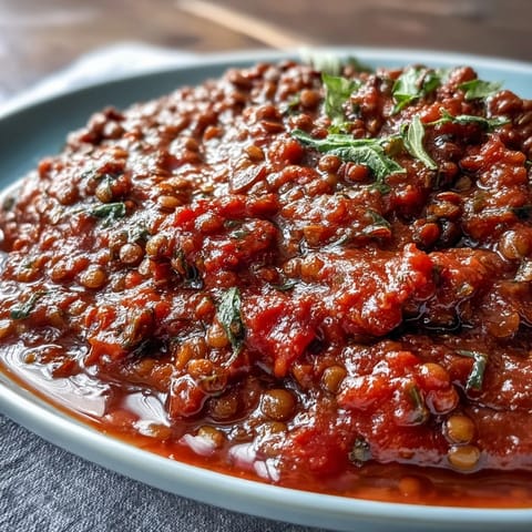 Rich plant-based lentil Bolognese sauce ladled generously over colorful spiralized zucchini and carrot noodles.  