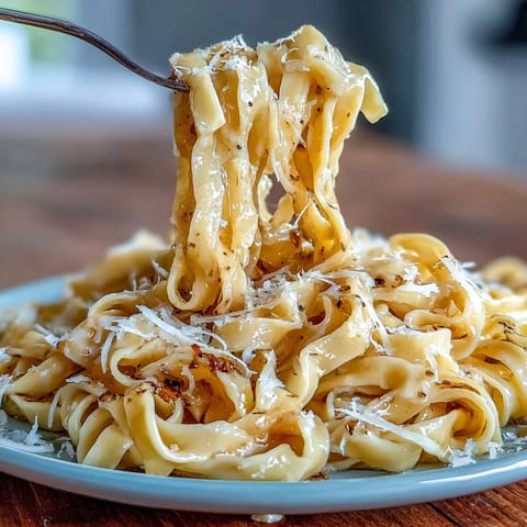 Truffle-infused egg pasta tossed in butter and Parmesan, served with a glossy sheen and rich aroma.