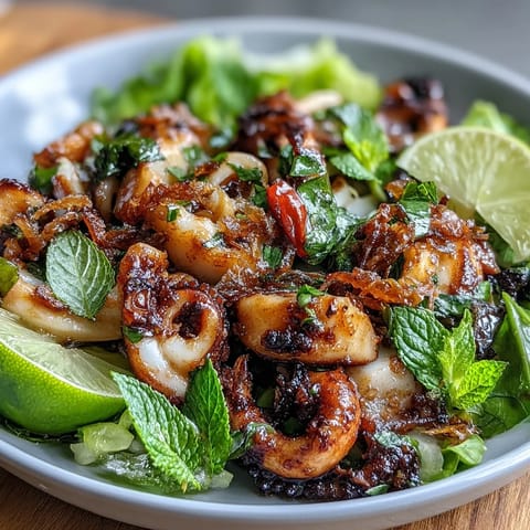 Crispy squid tossed in vibrant chilli-lime sauce, served over mixed greens with crunchy vegetables.