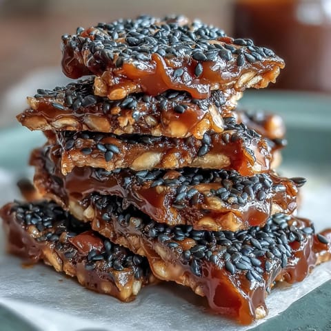 A glossy slab of black sesame brittle with caramelized edges, crunchy seeds glistening in golden toffee.  