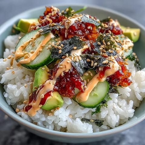 Vibrant sushi bowl featuring nori strips, creamy avocado, and savory fish, topped with a tangy spicy mayo drizzle.