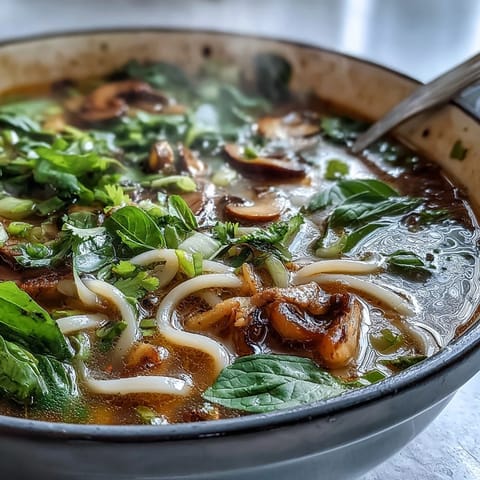 Aromatic Asian hot pot noodle feast with thinly sliced beef, fresh vegetables, and fragrant herbs in a savory broth.  