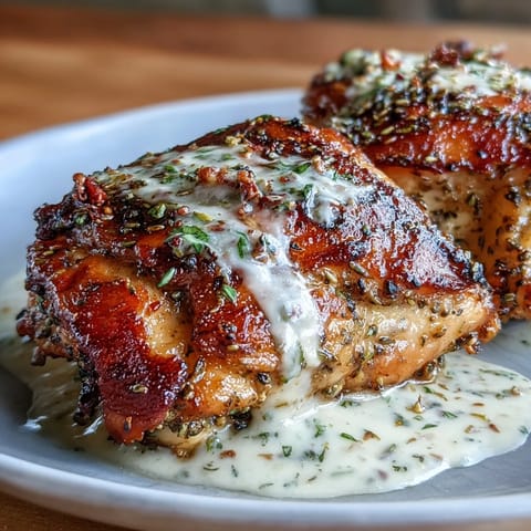 Zaatar-spiced chicken thighs roasted to golden perfection, drizzled with creamy tahini-garlic sauce. Juicy, aromatic, and perfect for a Middle Eastern-inspired dinner.  