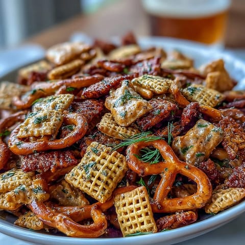 A bowl of Dill Pickle Chex Mix featuring crunchy Chex cereals, pretzels, and bagel chips, all coated in zesty dill pickle seasoning.