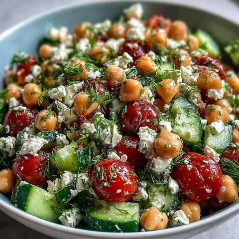 Colorful Easy Chickpea Cucumber Salad with Feta and Tomatoes, featuring crunchy cucumbers, juicy tomatoes, creamy feta, and a tangy lemon dressing.  