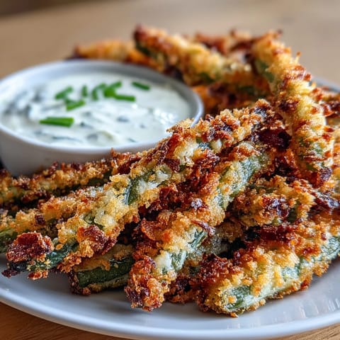 Air fryer crispy green bean fries served with creamy ranch yogurt dip, perfect for a healthy snack or appetizer.  