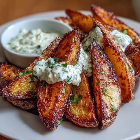 Golden potato wedges cooked in the air fryer, paired with a creamy Greek yogurt and sour cream dip.  