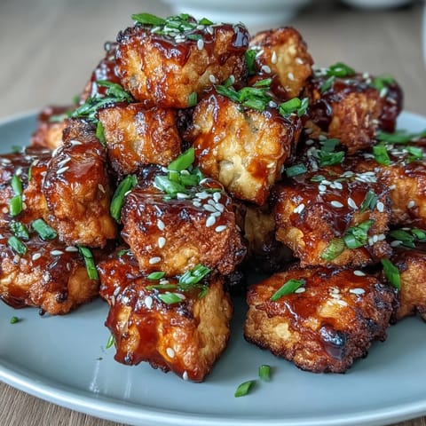 Air-fried tofu nuggets with a sticky sweet chili glaze, perfect for a quick vegetarian appetizer or snack.  
