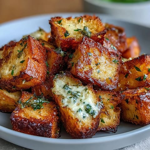 Golden sourdough croutons seasoned with garlic and Italian herbs, perfectly crisp in the air fryer for salads and soups.