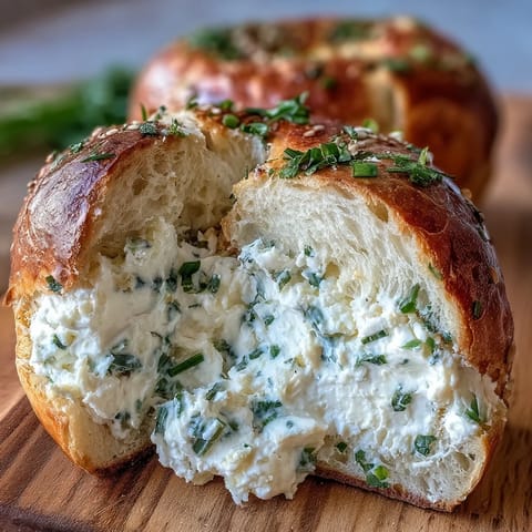 2. High-protein bagels infused with garlic and herbs, served with a smooth cottage cheese spread and fresh chives.  