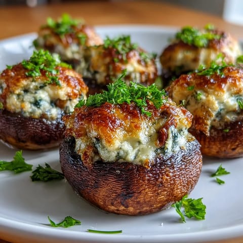 Creamy spinach and cheese stuffed mushrooms, air-fried until tender, perfect appetizer for parties or snacks.  