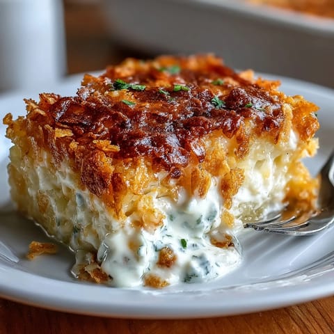 Lightened-Up Funeral Potatoes with Greek Yogurt Sauce, topped with crispy cornflakes, baked golden and bubbling in a casserole dish.