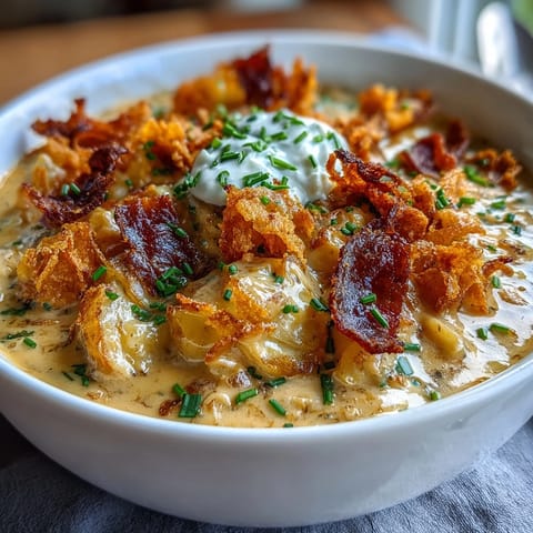 Creamy Funeral Potatoes Loaded Baked Potato Soup with crispy potato chips and melted cheddar in a rich, hearty bowl.