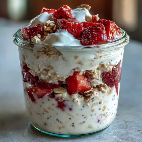 Creamy overnight oats layered with fresh strawberries and vanilla yogurt, inspired by classic strawberry shortcake for a refreshing breakfast.