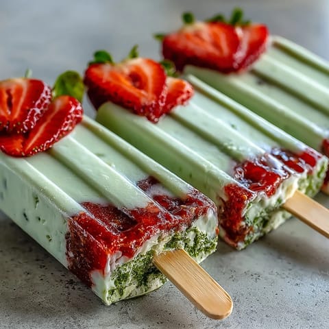 Refreshing spring dessert featuring bright strawberry puree and silky matcha latte in colorful frozen popsicles.  