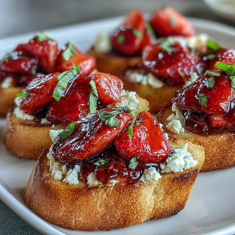 Fresh strawberry bruschetta toasts topped with creamy goat cheese and a drizzle of balsamic glaze, perfect for spring gatherings.