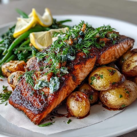 A vibrant sheet pan dinner with salmon, green beans, and potatoes roasted to perfection with zesty lemon and herbs.  