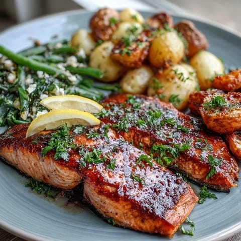 Healthy, easy sheet pan salmon with green beans and potatoes, featuring tender fish and crisp vegetables for a nutritious meal.  