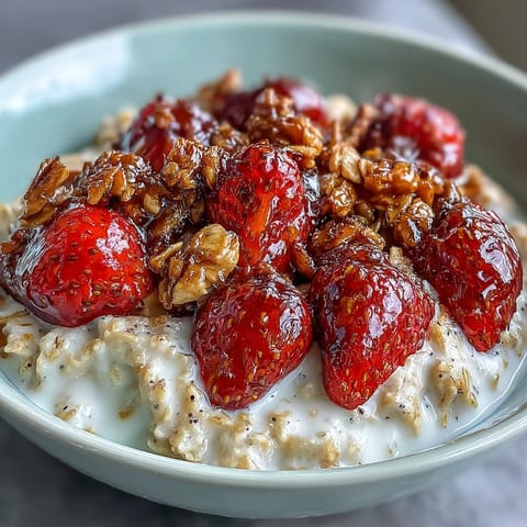 Creamy strawberry overnight oats with chia seeds and crunchy granola, ready for a wholesome breakfast.