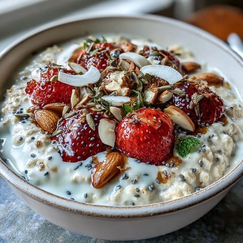 Overnight oats with strawberry and chia in a glass jar, topped with fresh berries and nuts for a healthy breakfast.
