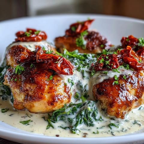 Creamy Tuscan Chicken Skillet with tender chicken in a rich garlic cream sauce, served with spinach and sun-dried tomatoes.