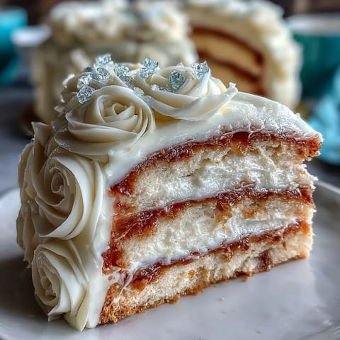 Beautiful vanilla sponge cake decorated with delicate white roses, buttercream frosting, and a gleaming cross centerpiece for First Communion.