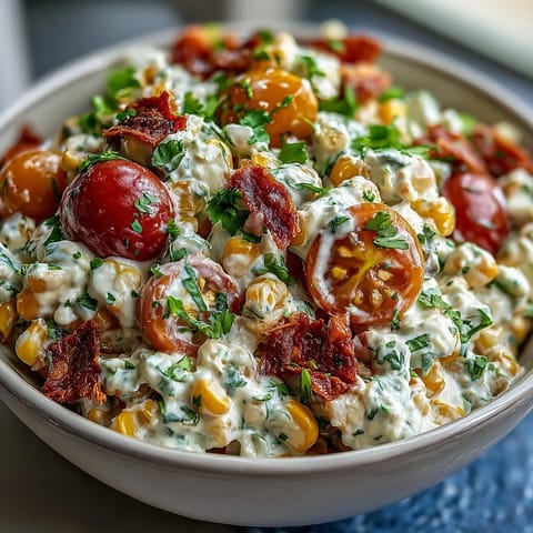 Creamy Corn Salad with Jalapeño bursts with sweet corn, crunchy veggies, and a tangy dressing with a jalapeño kick.