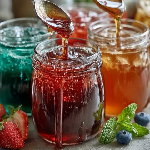 Guests customize refreshing lemonade with strawberry, blueberry, peach, and mint syrups at a festive drink station.