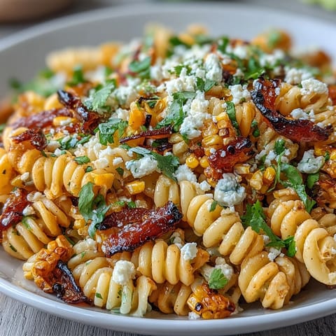 A colorful bowl of elote corn pasta salad with creamy dressing, Cotija cheese, and fresh cilantro, perfect for summer gatherings.