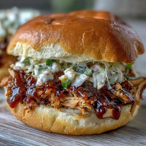 1. Juicy pulled BBQ chicken sandwiches piled high with tangy coleslaw on soft brioche buns.  